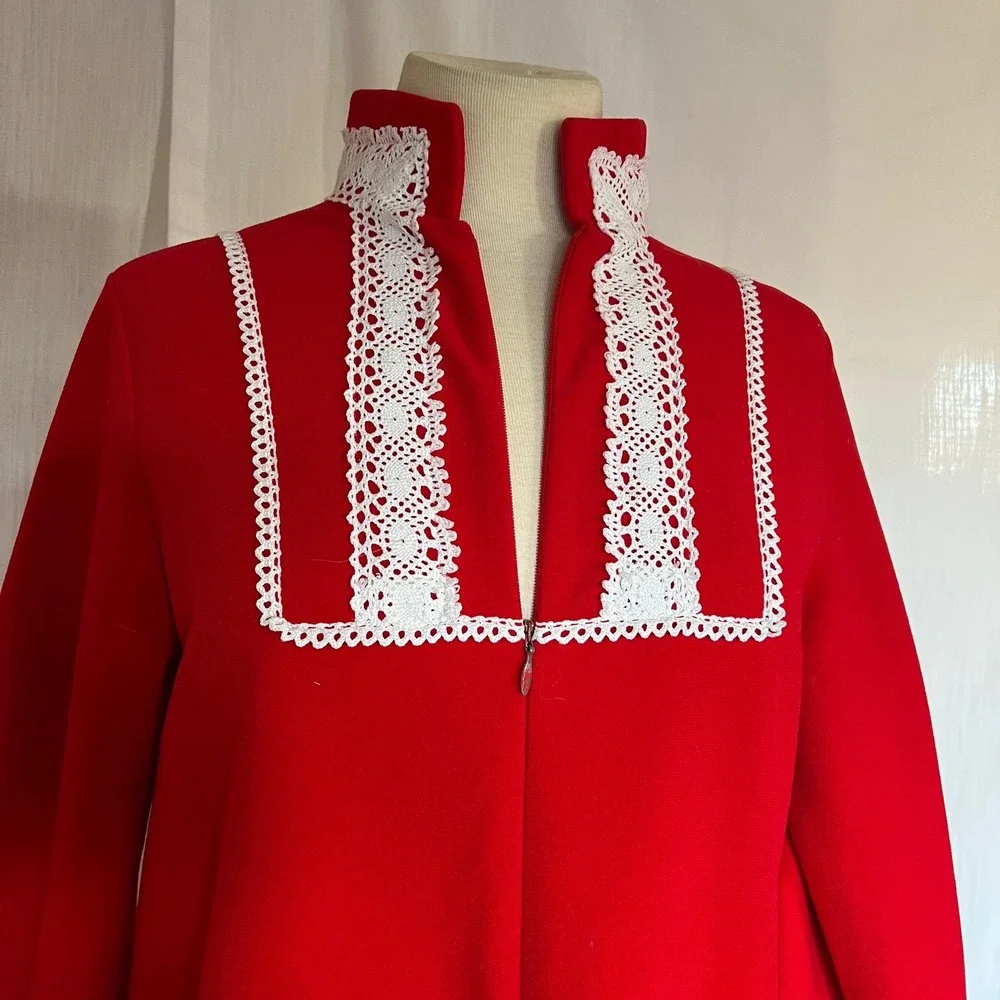 vtg red flannel white lace trim vassarette‎ maxi robe classic warm winter